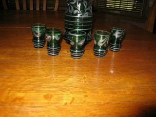 Vintage 50 ' s era Green Glass Decanter Set with Silver Overlay 2