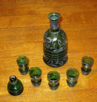 Vintage 50 ' s era Green Glass Decanter Set with Silver Overlay 3