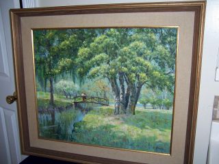 Eduardo Riera Cuban Artist Forest Green Trees Bridge Stream Lovers Oil Painting