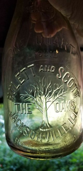 Hulett & Scott The Oaks Jacksonville,  Ill.  Embossed Oak Tree Quart Milk Bottle
