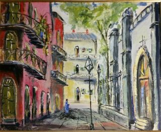 Vtg 1963 Oil Painting Orleans La We Dwyer Pink Building Cityscape Danchet