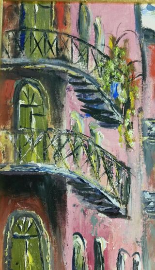 Vtg 1963 Oil Painting Orleans LA WE Dwyer Pink Building cityscape danchet 4