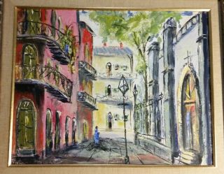 Vtg 1963 Oil Painting Orleans LA WE Dwyer Pink Building cityscape danchet 9