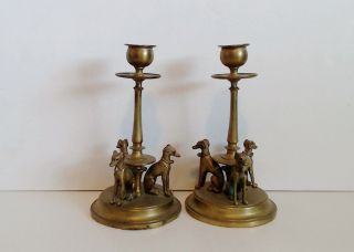 Antique Brass Candlestick Pair 3 Sitting Dogs Glass Eyes Greyhound Whippet 1900