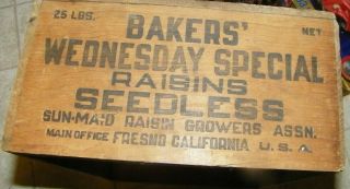 Vintage Wood Box - Baklers Wedesday Special Raisins Seedless Sun Maid Ffresno,  Ca