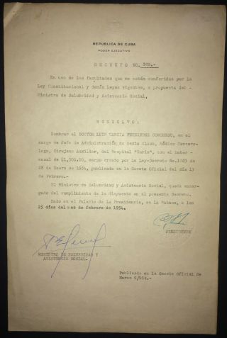 1954 Cuba Decree Signed By Cuban President - Fulgencio Batista Zaldivar