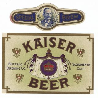 Pre Prohibition Buffalo Brewing Kaiser Beer Label With Neck Sacramento Ca
