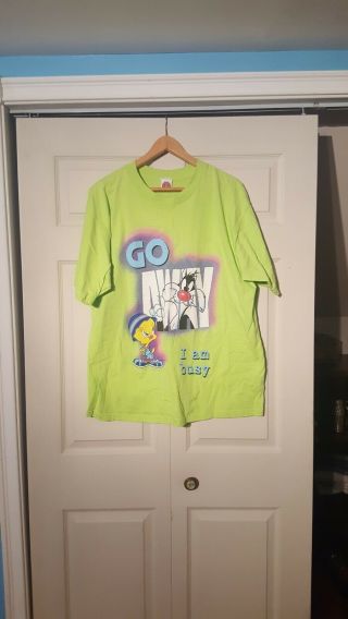 Vintage Looney Tunes Go Away I Am Busy Sylvester And Tweety Shirt Xxl Lime Green