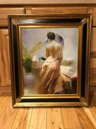 Vintage Oil Painting On Canvas Semi Nude Framed Signed