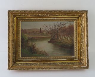 Oil Painting,  Autumn River Scene/pumpkins & Drying Corn,  Smoke Stack,  Signed