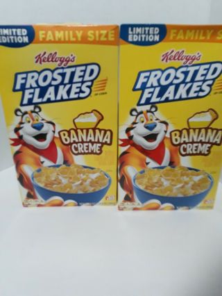 2 Family Size Boxes Frosted Flakes Banana Creme Cereal 24 Oz Each.  Rare