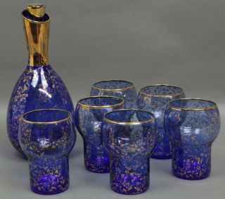 Vintage Cobalt Blue Decanter Set W/6 Glasses Gold Trim & Floral Decor