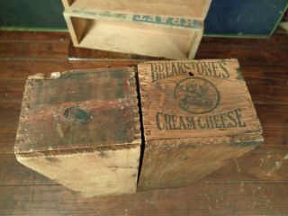 4 antique WOODen CHEESE BOXES Breakstone ' s DAIRYLEA Kraft WINDSOR CLUB dove tail 4