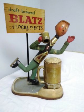 Wow Blatz Beer Ice Skater Large Figural Backbar Metal Statue 1950s