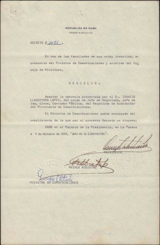 Rare Autograph Cuban President Fidel Castro In 1959 Hand Signed Official Decree