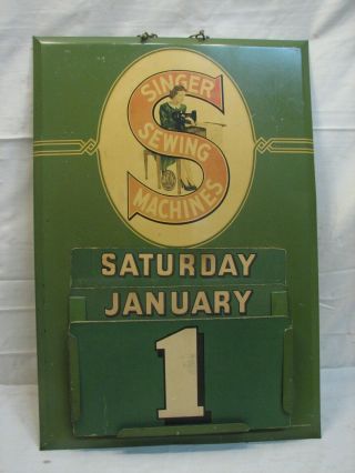 Early Singer Sewing Machine Perpetual Calendar Advertising Sign 1930s Litho Tin