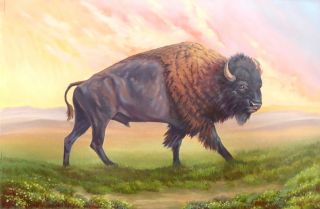 Western Buffalo Oil Painting on Canvas Signed by the Italian Artist 2