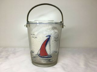 Vtg Glass Ice Bucket W Sailboats Cape Cod Nautical W Pounded Metal Handle 1950s