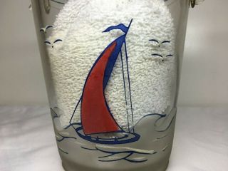 Vtg Glass ICE BUCKET w SAILBOATS CAPE COD NAUTICAL w Pounded Metal Handle 1950s 2
