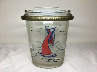 Vtg Glass ICE BUCKET w SAILBOATS CAPE COD NAUTICAL w Pounded Metal Handle 1950s 6