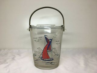 Vtg Glass ICE BUCKET w SAILBOATS CAPE COD NAUTICAL w Pounded Metal Handle 1950s 7