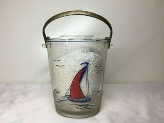 Vtg Glass ICE BUCKET w SAILBOATS CAPE COD NAUTICAL w Pounded Metal Handle 1950s 8