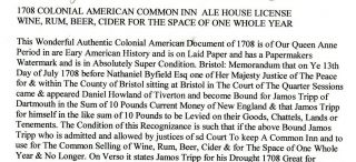 1708,  Dartmouth,  Mass,  James Tripp posts bond to run an ale house 2