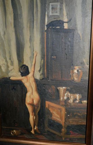 Paul Lehman Gothic Interior Nude Female Black Cat Arts Crafts Oil Painting Wpa