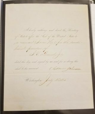 Andrew Johnson Signed Pardon Of Confederate Son Of A Us Supreme Court Justice.