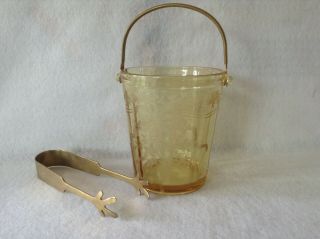 Fostoria Vintage Ice Bucket June Etched Glass Topaz Yellow W/ Dirigold Tongs