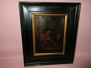 Antique 19th C Small Oil Painting Continental Old Masters 2 Men Drinking Smoking