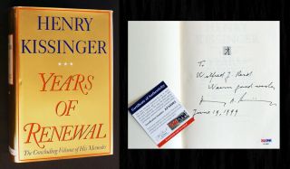 2 X Henry Kissinger Signed & Psa Certified - Years Of Renewal,  White House Years