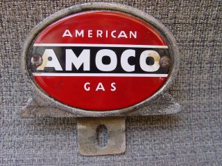 Amoco American Gas Co.  Porcelain Metal Encased License Plate Topper Sign