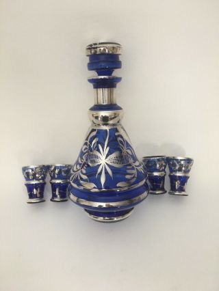 Vintage Bohemian Silver Overlay Blue Glass Decanter Set 4 Glasses