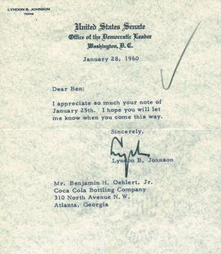 Lyndon B Johnson Signed Autographed 6x9 1960 Typed Letter Psa/dna