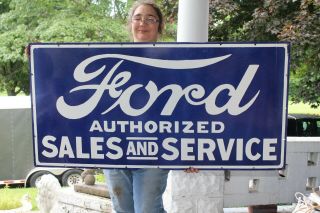 Large Ford Authorized Sales & Service Gas Oil 48 " Porcelain Metal Sign