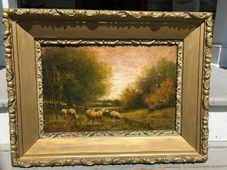 19th Century Oil On Canvas Sheep In The Meadow By A Cottage Landscape No Res.
