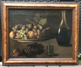 18th Century Oil On Canvas Still Life With Fruit And Wine