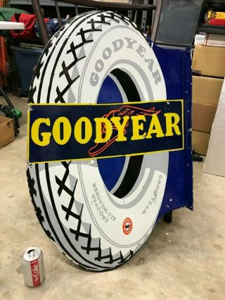 " Goodyear Tires " Large,  Heavy Porcelain Flange Sign (34 " X 21 ")