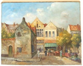 Antique Estate Oil On Canvas European Street Scene Painting By Mystery Artist