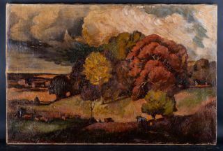 Large Early 20th Century Post - Impressionist Oil Painting " Autumn Landscape "
