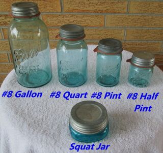 Blue Ball Perfect Mason 8 Jars,  Half Pint,  Pint,  Quart,  Half Gallon " Set "