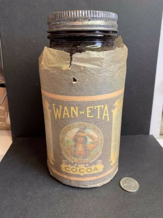Vintage Amber Waneta Cocoa Jar Still In Cellophane Wrapping - -