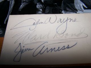 Authentic Hand Signed Index Card John Wayne/Ward Bond/James Arness w/Hondo Photo 2