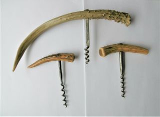 3 Antique Antler Horn Corkscrews - 19 Th Cen - J.  A Henckels - Laurent Siret Etc