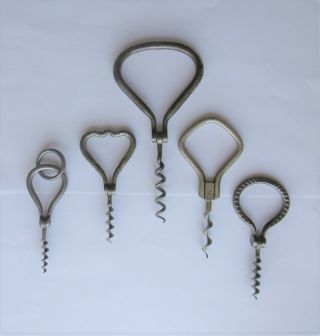 5 Antique Rare Bow (harp) Corkscrews - 19 Th Cen - One W/ Key Ring - One Heart