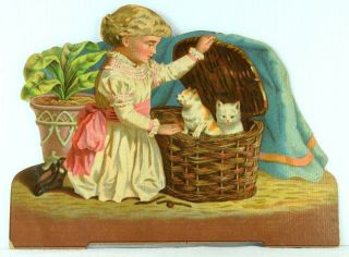 1880 ' s Lovely Girl Cats In Basket Magic Yeast Victorian Die Cut Trade Card N 2