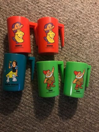 5 Vintage Walt Disney Snow White,  Doc,  Dopey,  Dwarfs Plastic Cups,  Mugs