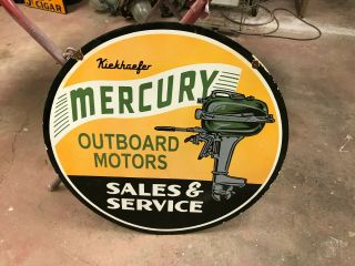Old " Mercury Outboard Sales & Service " Heavy Double Sided Porcelain Dealer Sign