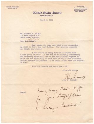 John F.  Kennedy – Typed Letter Signed With Long Handwritten Postscript